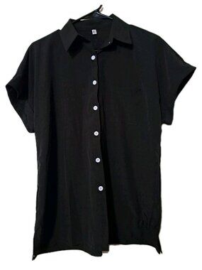 053) Hotouch Womens‎ Medium Black Short Sleeve Cuffed Button Down Shirt